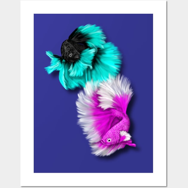 Betta Fish Duo, black & teal, white & pink Wall Art by H. R. Sinclair